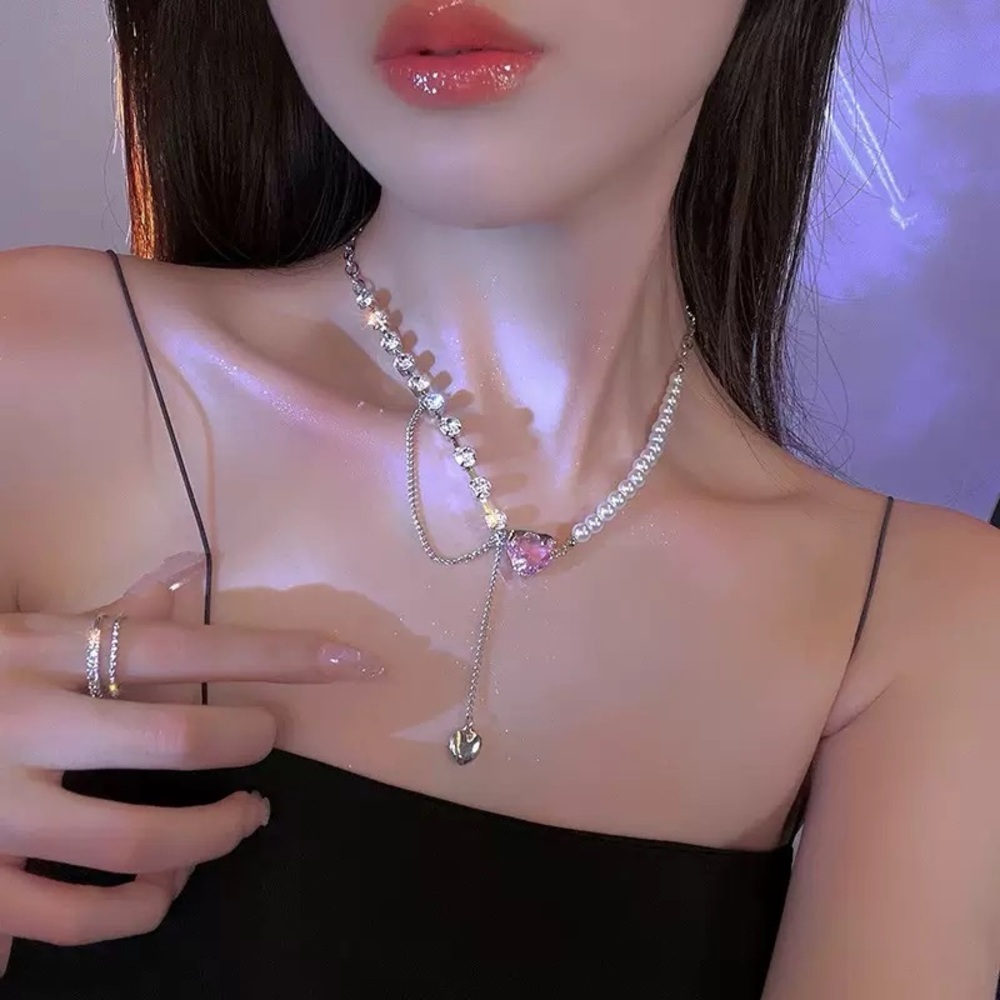 Silver Crystal Heart Lariat Necklace - Pink Accent